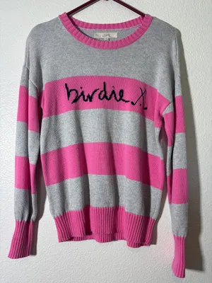 LOFT Women's Size S Birdie Golf Pink Gray Striped Pullover Sweater Embroidered thumbnail 1