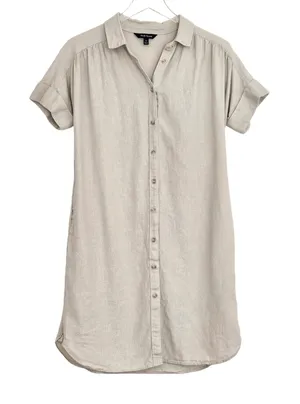 Well Worn Linen Blend Button Down Shirt Dress Short Sleeve Beige Pockets Small thumbnail 1