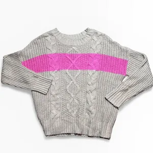 American Eagle Cable Knit Sweater‎ Tan Pink Stripe Medium Cozy Fisherman Baggy thumbnail 2