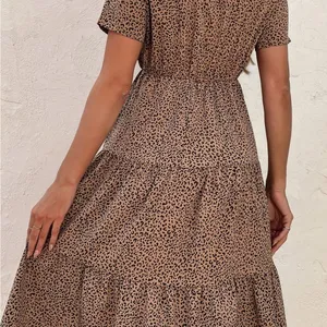 SHEIN Leopard Print Tiered Midi Dress Short Sleeve Elastic Waist Women's‎ S thumbnail 1
