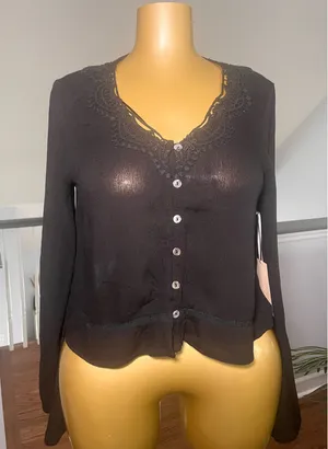 Black sheer top with lace back and bell sleeves thumbnail 1