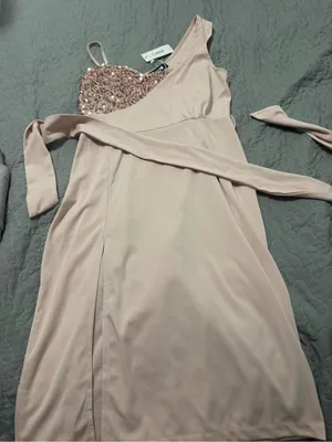 One-Shoulder Blush Midi Dress with Sequin Bodice and Self-Tie Waist thumbnail 1