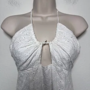 Tiger Mist Women Cotton Eyelet Halter Mini Dress Small White Ruched Boho‎ Resort thumbnail 2
