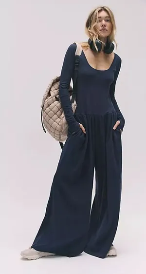Free People FP Movement Hot Shot Long Sleeve Wide Leg Jumpsuit Midnight Navy M thumbnail 1