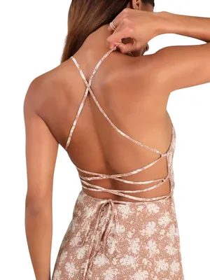 Lulus Picturesque Moments Brown Floral Print Strappy Maxi Dress Sz M Date Night thumbnail 3