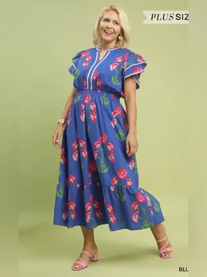 New! Umgee Plus Size Floral Blossom Meadow Print Pedal Sleeve Midi Dress Size 1X thumbnail 2