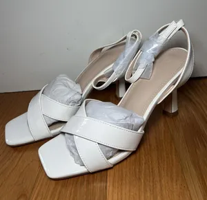 Ownmeen Sandals Womens Size 6.5 White Slingback Square Toe Stiletto Dress Shoes thumbnail 1