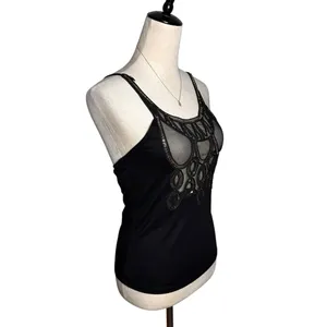 Black Sheer Mesh Embellished‎ Tank Top Boho Festival Goth Y2K Spaghetti Strap thumbnail 2
