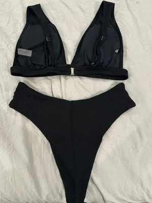 SHEIN Black Ribbed V-Waist Bikini Set - Women Swim thumbnail 2
