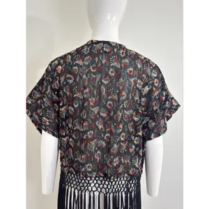 Forever 21 Women’s Sheer Kimono Cardigan Black Embroidered Fringe Boho Festival Size S thumbnail 8
