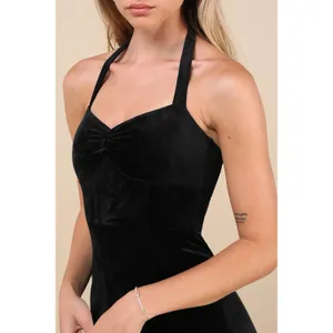 Lulus Luxurious Statement Black Velour Halter Mermaid Maxi Dress Size XS Formal thumbnail 3
