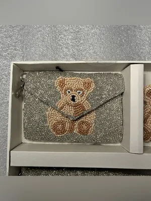 Rachel Zoe Silver Beaded Teddy Bear Clutch Shoulder Strap Card Case Bag Charm thumbnail 3