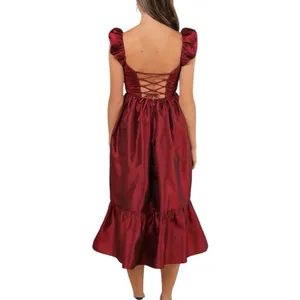 NWT Lulus Poised Passion Wine Red Taffeta Pleated Ruffled Midi Dress Size Small thumbnail 2