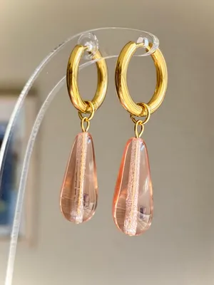 Handmade light pink Czech glass teardrop simple minimalist dangle earrings🩷 thumbnail 3