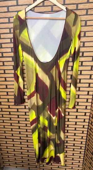 Zara Lime Green Abstract Long Sleeve Open Back‎ Maxi Dress Size Small thumbnail 1