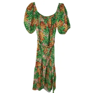 Farm Rio Pineapple Garden Linen Dress Off Shoulder Puff Sleeve Midi M Tropical thumbnail 2