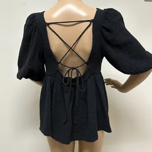 NWOT Asos Design Black Puff Sleeve Gauzy Top with Criss Cross tie on open back thumbnail 1