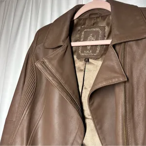 My Tribe Leather Moto Jacket Brown Full Zip Asymmetric Hem Biker Rocker XS Y2K thumbnail 9