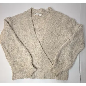 ASTR Cream Long Sleeve‎ Fuzzy Boucle Wool Blend Faux Wrap Sweater Boho Size XL thumbnail 10