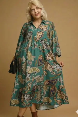 New!Umgee Plus Size Boho Paisley Lined Tiered Midi Dress Size 1X thumbnail 1