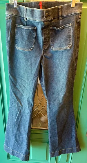 Spanx Authentic 360 Easy Flare Jeans High Rise Front Patch Pocket Blue Large thumbnail 3