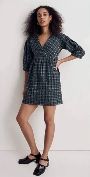 Madewell‎ Marianna Puff-Sleeve Mini Dress in Plaid Size Medium thumbnail 1