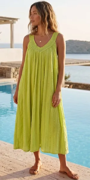 VINTAGE Lime Green Gauze Midi Dress thumbnail 1