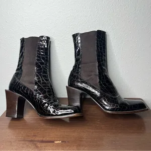 VTG Michael Perry Dark Brown Leather Crocodile Square Toe Block Heel Ankle Boots thumbnail 6