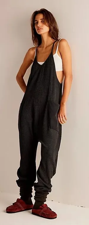 Free People FP One Thermal Waffle Knit Jumpsuit Grey Slouchy Harem Pockets Small thumbnail 1