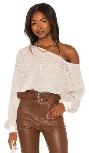 Line & Dot Favorite Off the Shoulder Sweater in Ivory &Taupe XS thumbnail 1