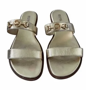 Michael Kors Gold Metallic Leather Logo Slide Sandals Size 8M thumbnail 2
