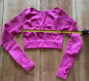 OQQ Hot Pink Seamless Ribbed Long Sleeve Crop Top Square Neck Thumbholes S‎ thumbnail 1