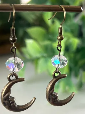 Handmade brass moon earrings with AB crystals thumbnail 1