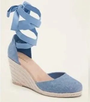 Old Navy Womens Size 8 Chambray Espadrille Wedge Shoes Ankle Ribbon Ties Sandals thumbnail 1