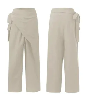 Celmia Wrap Front Wide Leg Pants Beige Breathable Cotton Large thumbnail 1