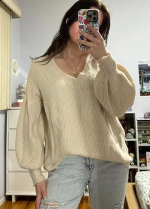 Cream V-Neck Slouchy Sweater thumbnail 1