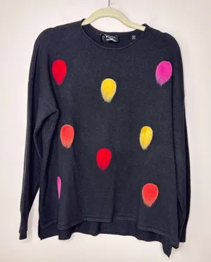 P. Luca Milano Women's‎ Large Black Fuzzy Big Colorful Polka Dot Knit Sweater thumbnail 1
