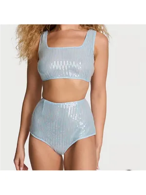 Victorias Secret Iridescent Sequin 2 Piece Set Lingerie Crop Top Panty Blue NEW thumbnail 4