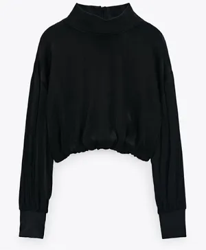 NWT Zara Black Satin Effect Long Sleeve Mock Neck Top Size XS Zipper Turtleneck thumbnail 1