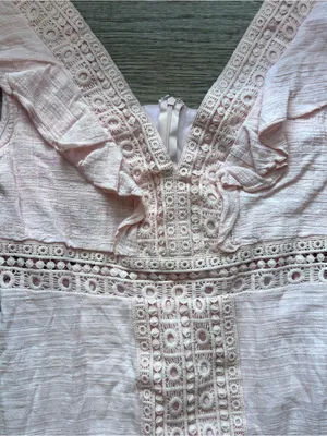 Pale Pink Eyelet Ruffle Coquette Mini Dress Femenine Cottagecore Gatherings Sz L thumbnail 4