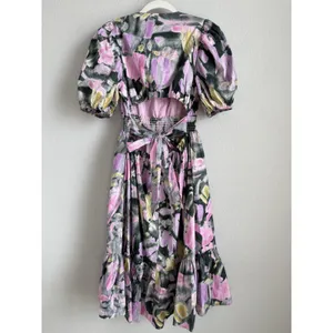 PINCH Watercolor Abstract Floral Midi Dress Smocked Puff Sleeve V-Neck Pink Sz M thumbnail 8
