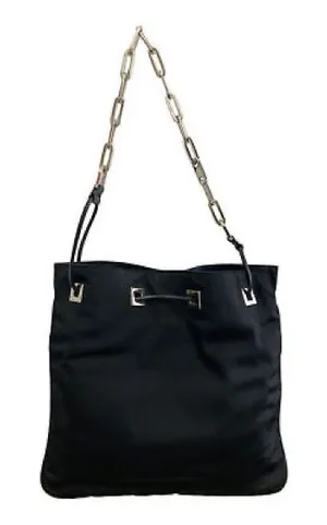 Gucci Drawstring Bucket Bag Leather Silver Chain Link Strap Nylon Vintage thumbnail 1