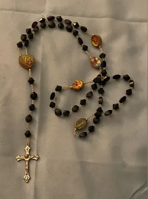 Rosary Necklace Silver Cross Black & Wood Photo Beads 20” Long thumbnail 1