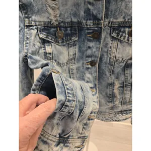 Garage Jalate XL Vintage Blue Acid Wash Distressed Denim Jacket Women Shrunken Crop thumbnail 5