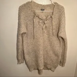 Aerie Womens Size Small Oversized Lace-Up Pullover Sweater Tunic Oatmeal Heather thumbnail 3