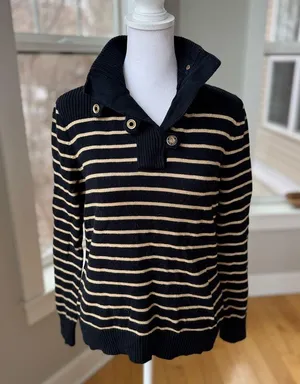Lauren Ralph Lauren Black Gold Striped Mockneck Cotton Sweater Metallic Medium thumbnail 9
