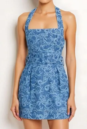 ELLIATT Rhythem Floral Embroidery Belted Denim Mini Dress, Blue, XS thumbnail 1