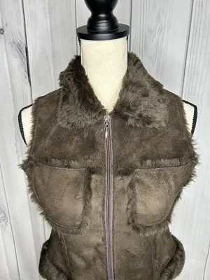 Bebe Faux Fur Suede Vest Womens Sz XS Brown Full Zip Vintage thumbnail 2