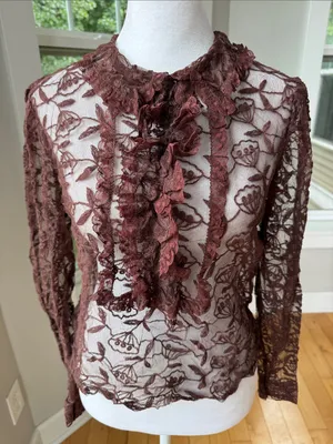 Vintage Brown Floral Lace Ruffle Blouse thumbnail 2