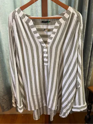 Women’s Striped Button Henley Shirt - White and Olive thumbnail 2